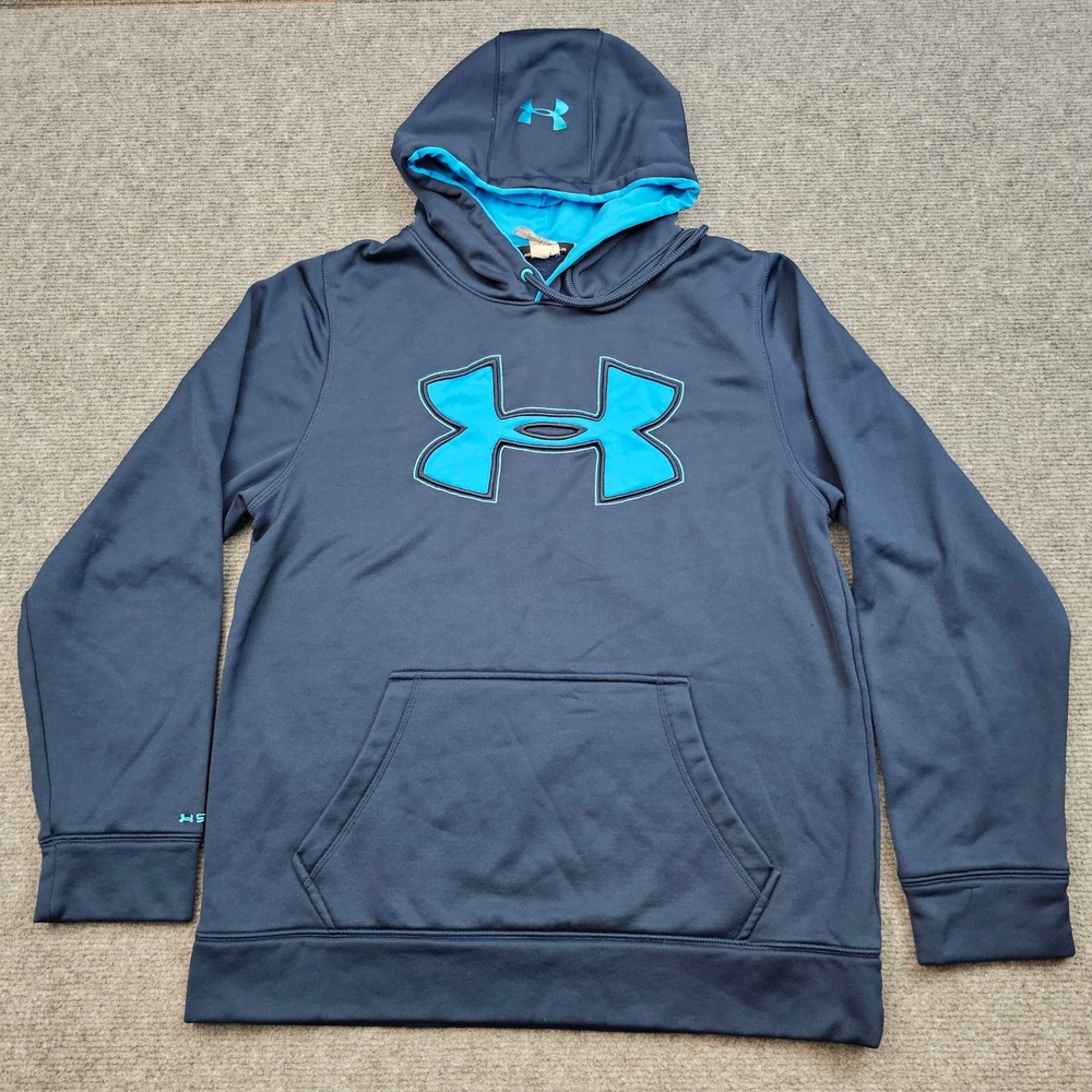 Under Armour Storm Hoodie Men's Small Navy Blue Cyan Logo Athletic Pullover